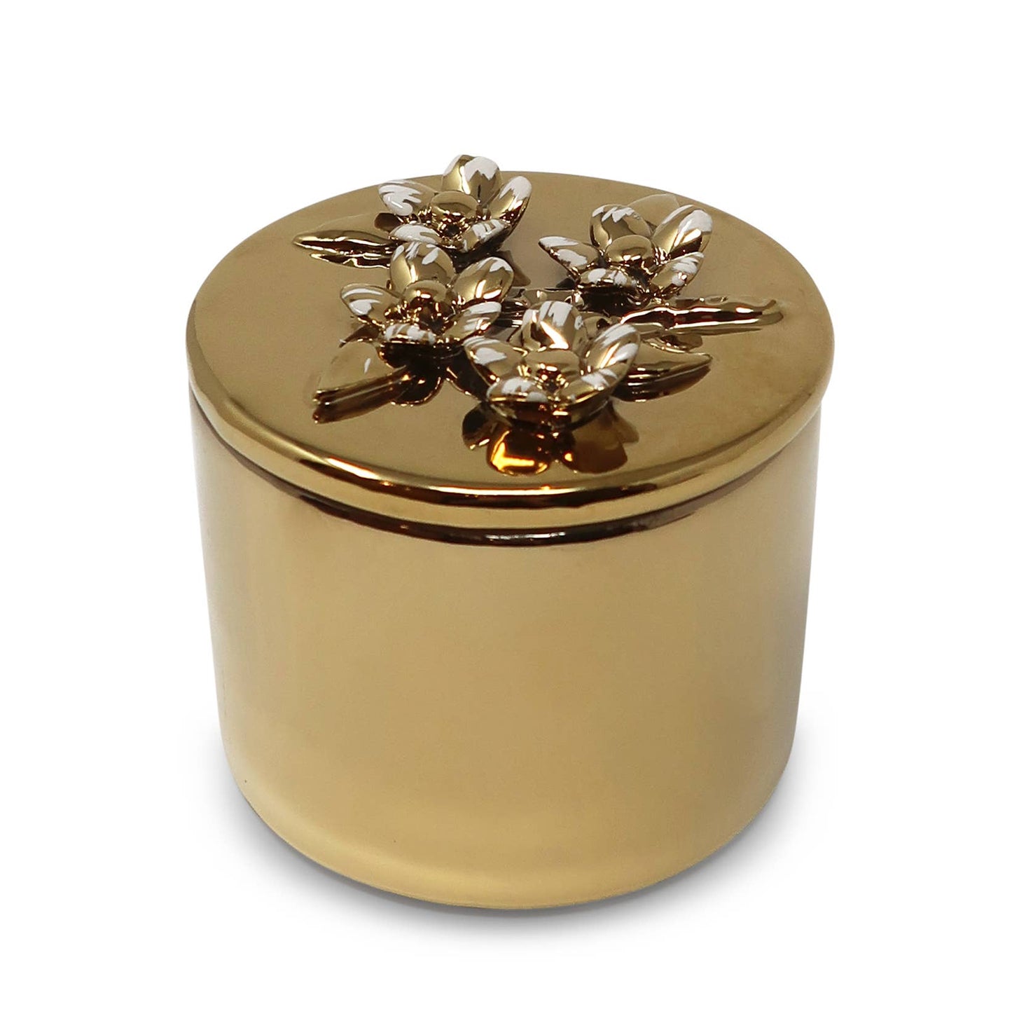 Round Gold Decorative Box With Flower Design Lid: Side Flower