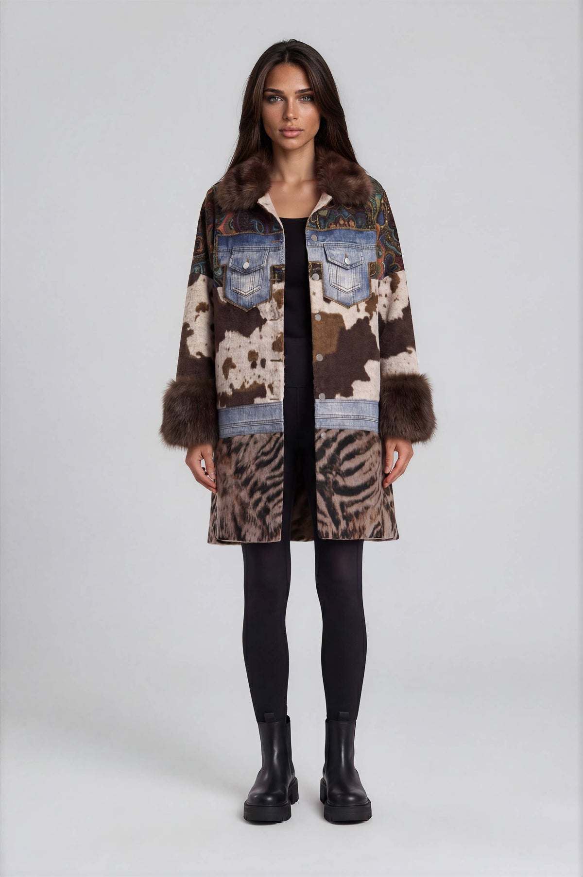 Mixed Media Faux Fur Statement Coat: L