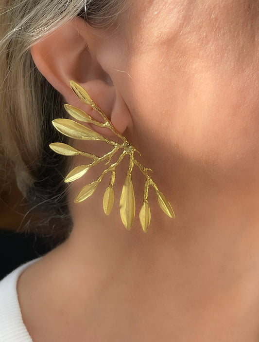 Gold tone olive branch fan earring