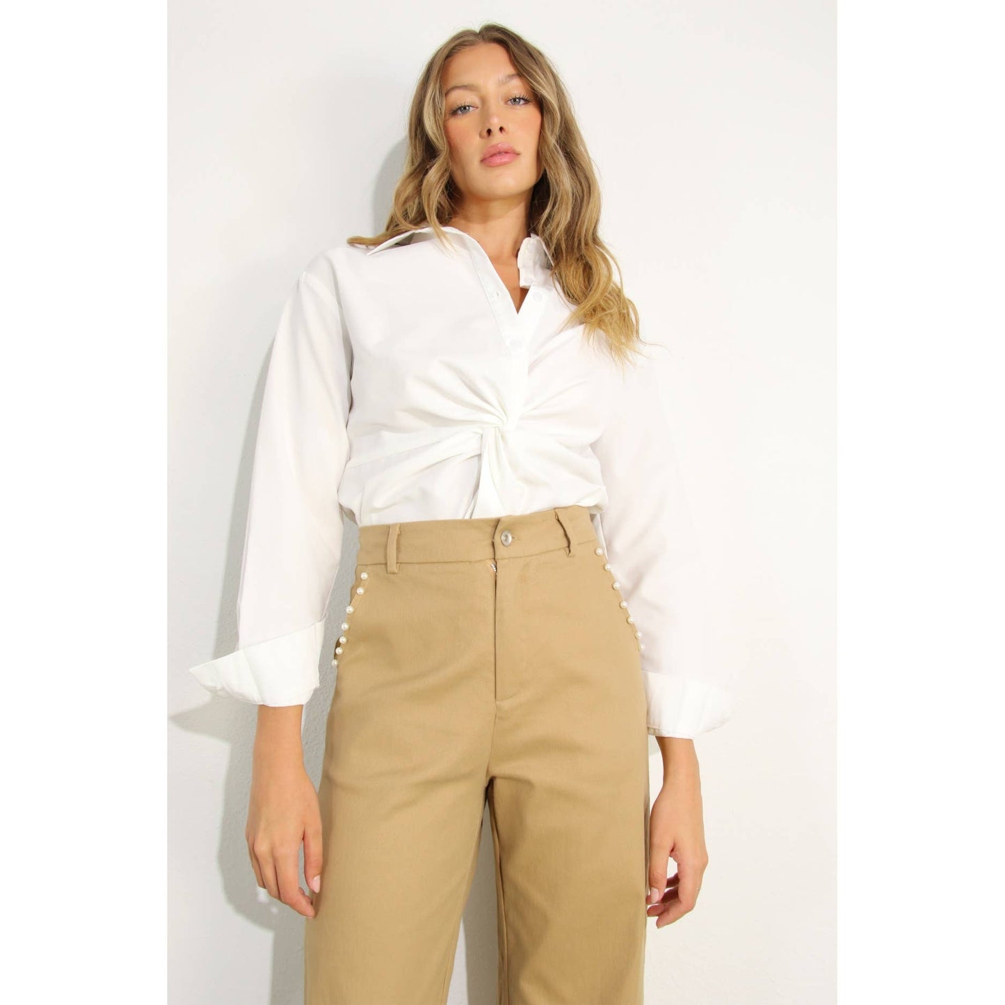 FRONT TWIST BOTTON DOWN SHIRTS: WHITE