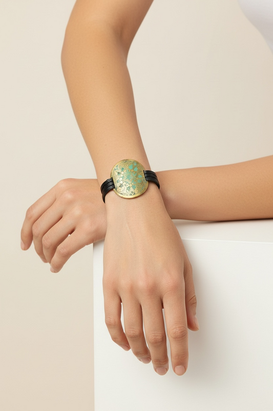 Brass & Leather Bracelet with Ornamental Etching