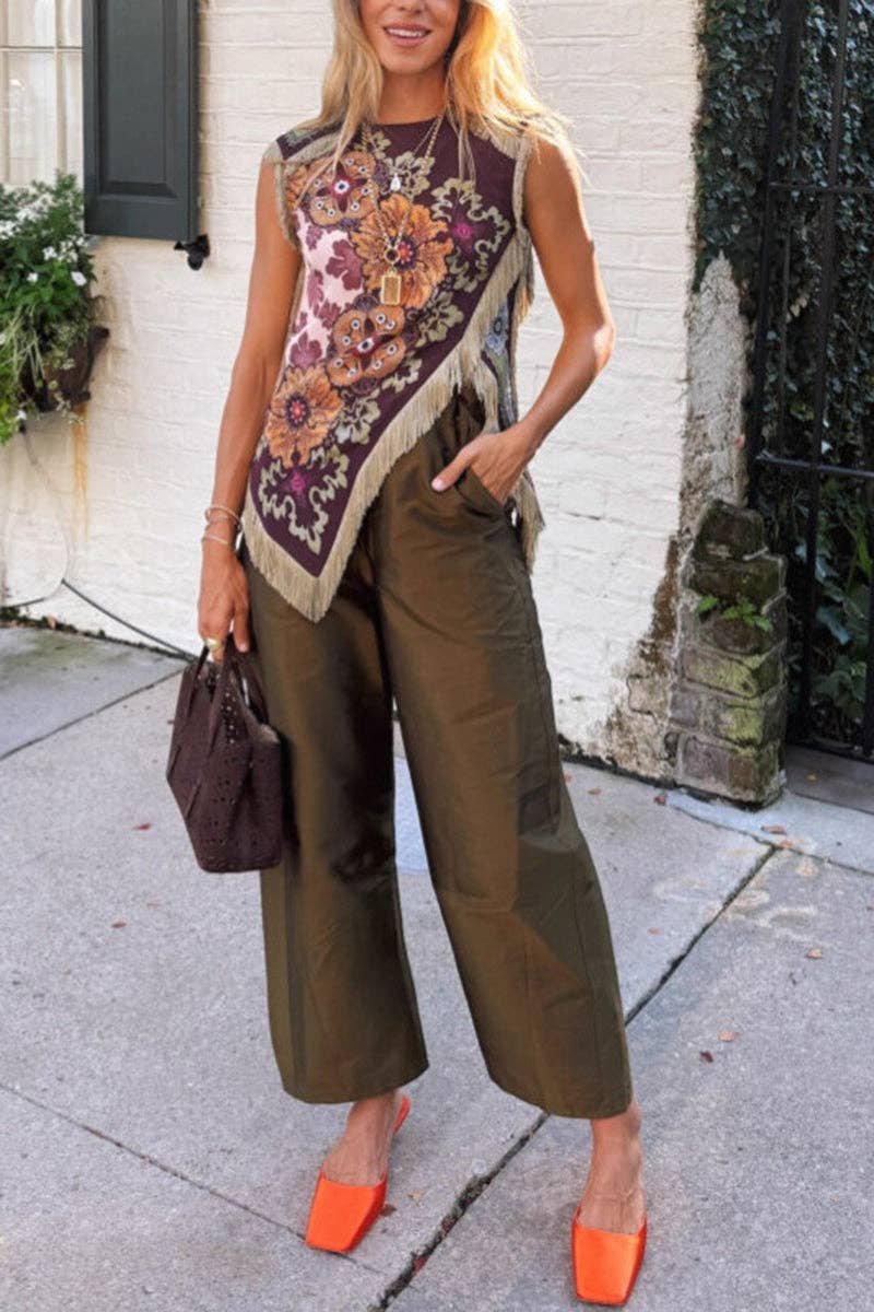 Asymmetrical Fringe Cross Top: WINE / S