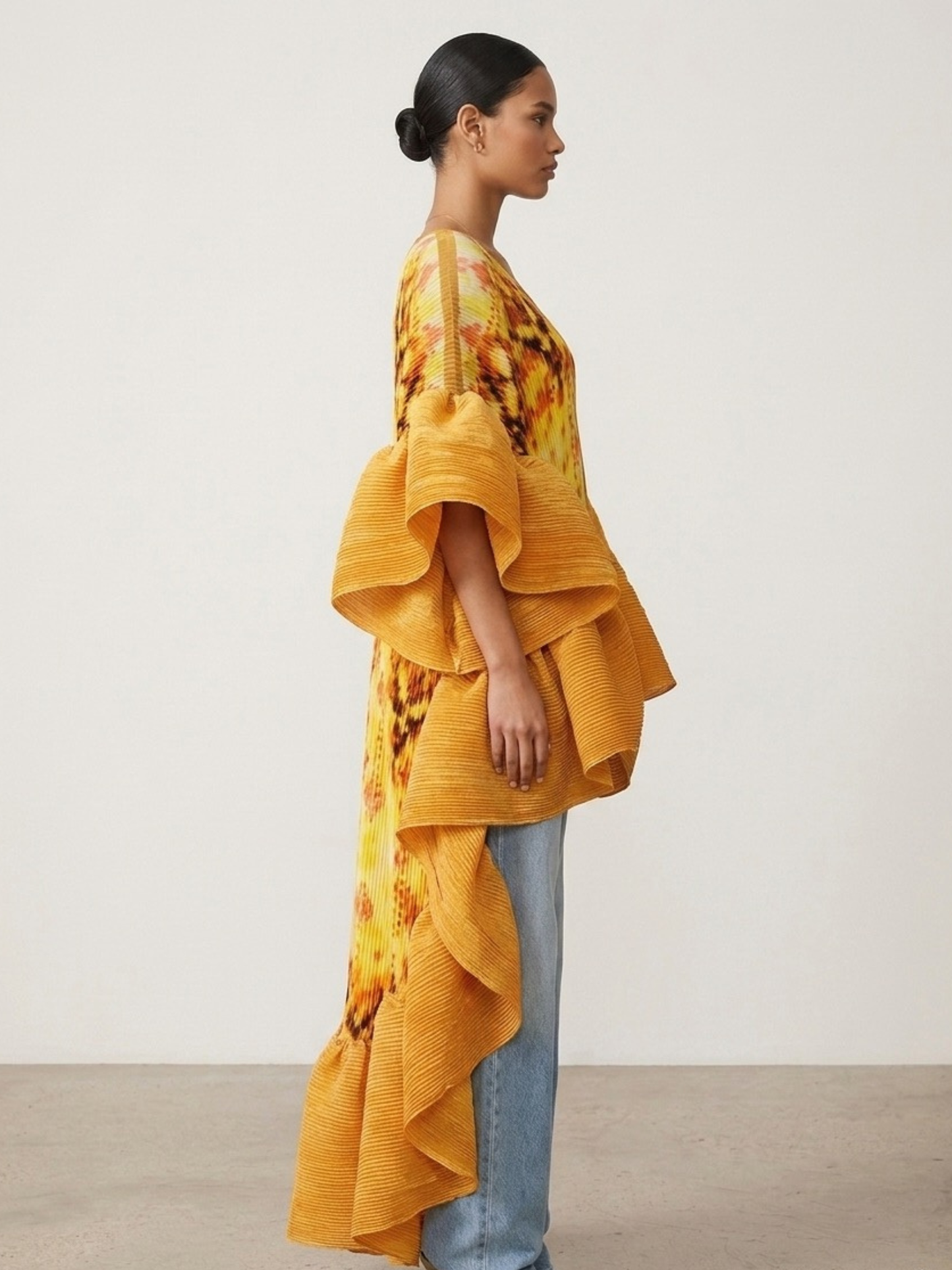 Plissé Ruffle Kimono Top – High Low Statement Tunic Dress: Brown