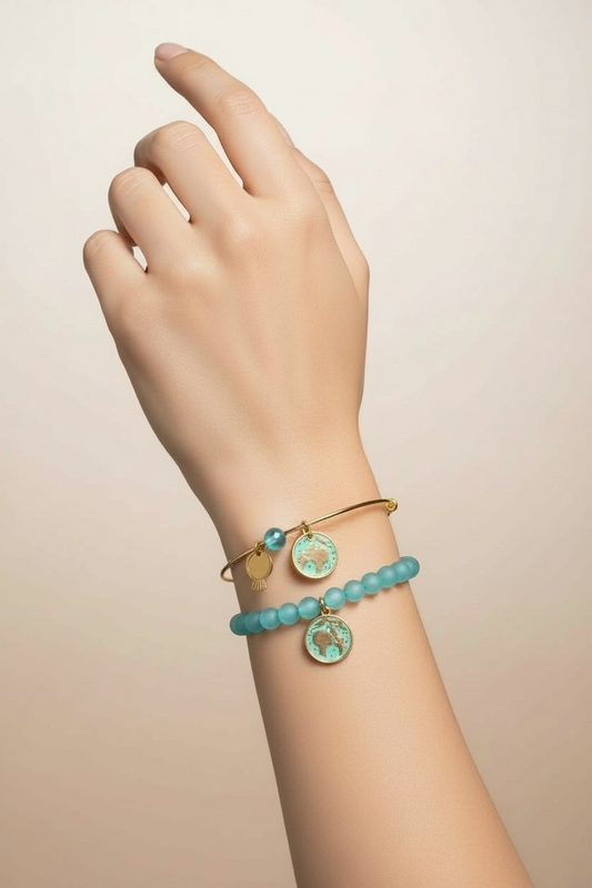Teal Beaded Bracelet with Turquoise Patina Pomegranate Charm