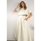 BOW EMBLLISHED TEXTURED TOP AND SKIRTS SET: OFF WHITE