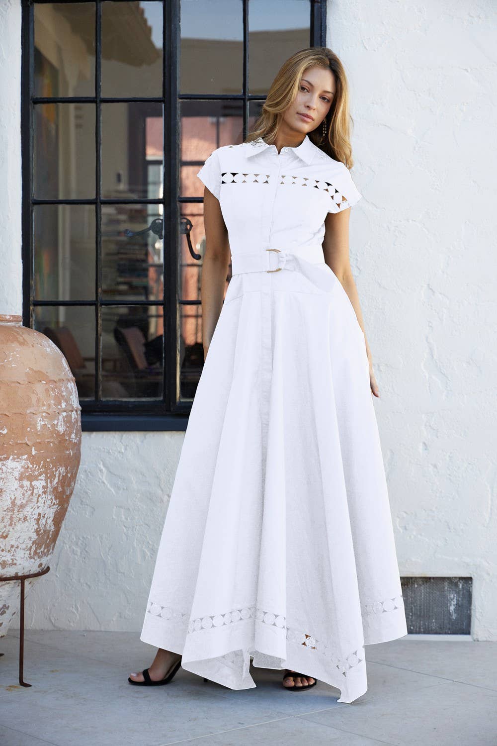 Short Sleeve Lace Trim Belted Maxi Dress