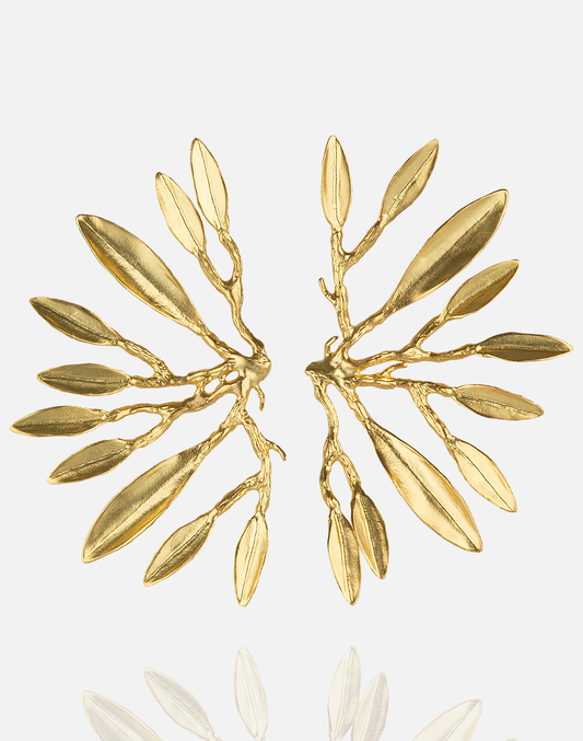 Gold tone olive branch fan earring