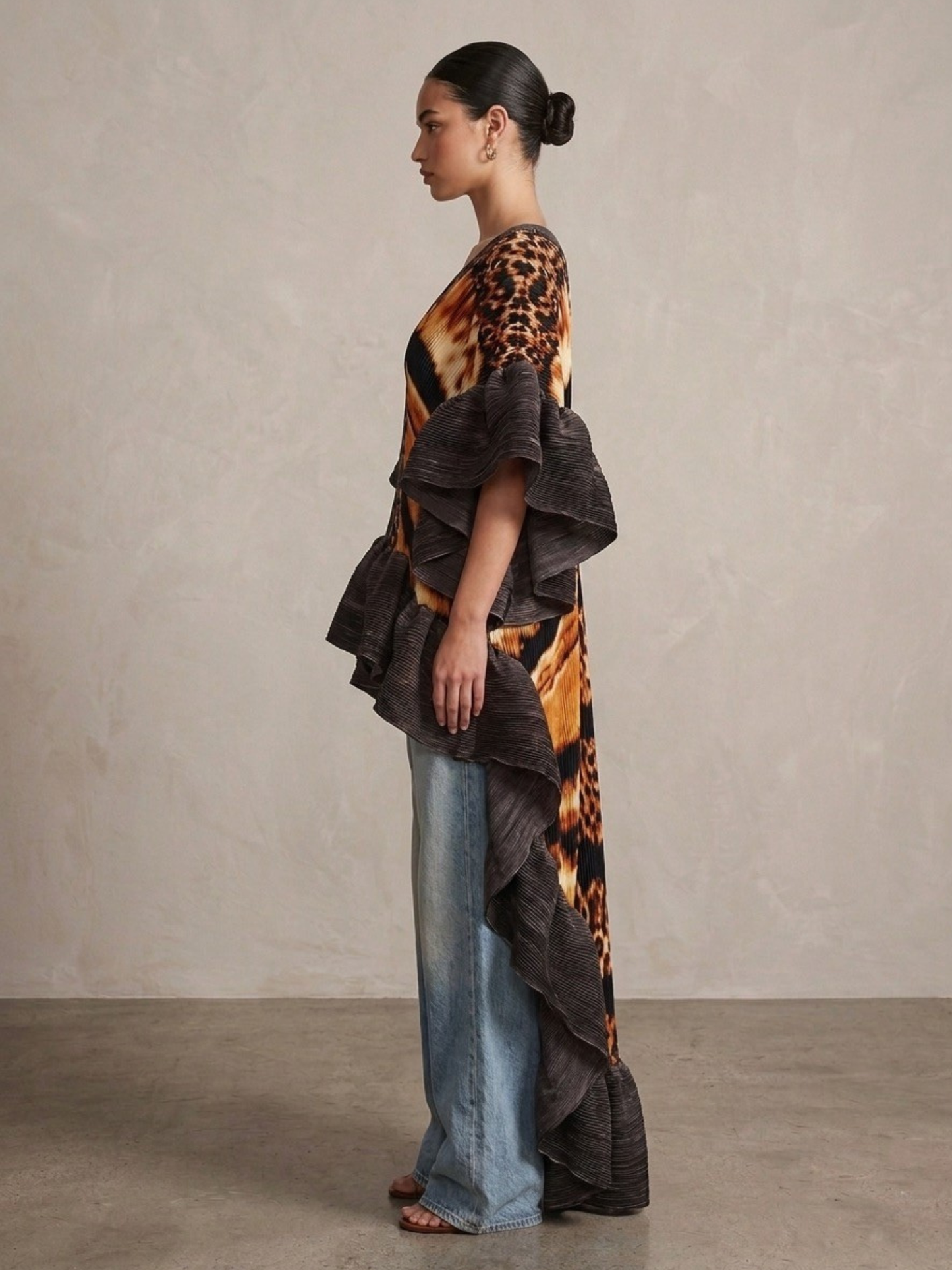 Plissé Ruffle Kimono Top – High Low Statement Tunic Dress: Brown
