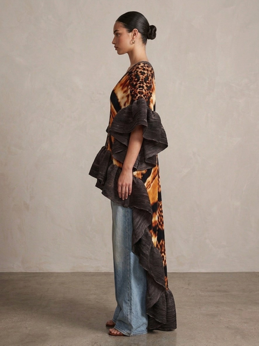Plissé Ruffle Kimono Top – High Low Statement Tunic Dress: Brown
