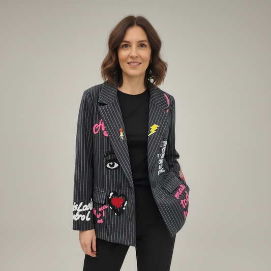 Striped Blazer with Embroidered Inscriptions: Navy Blue / L