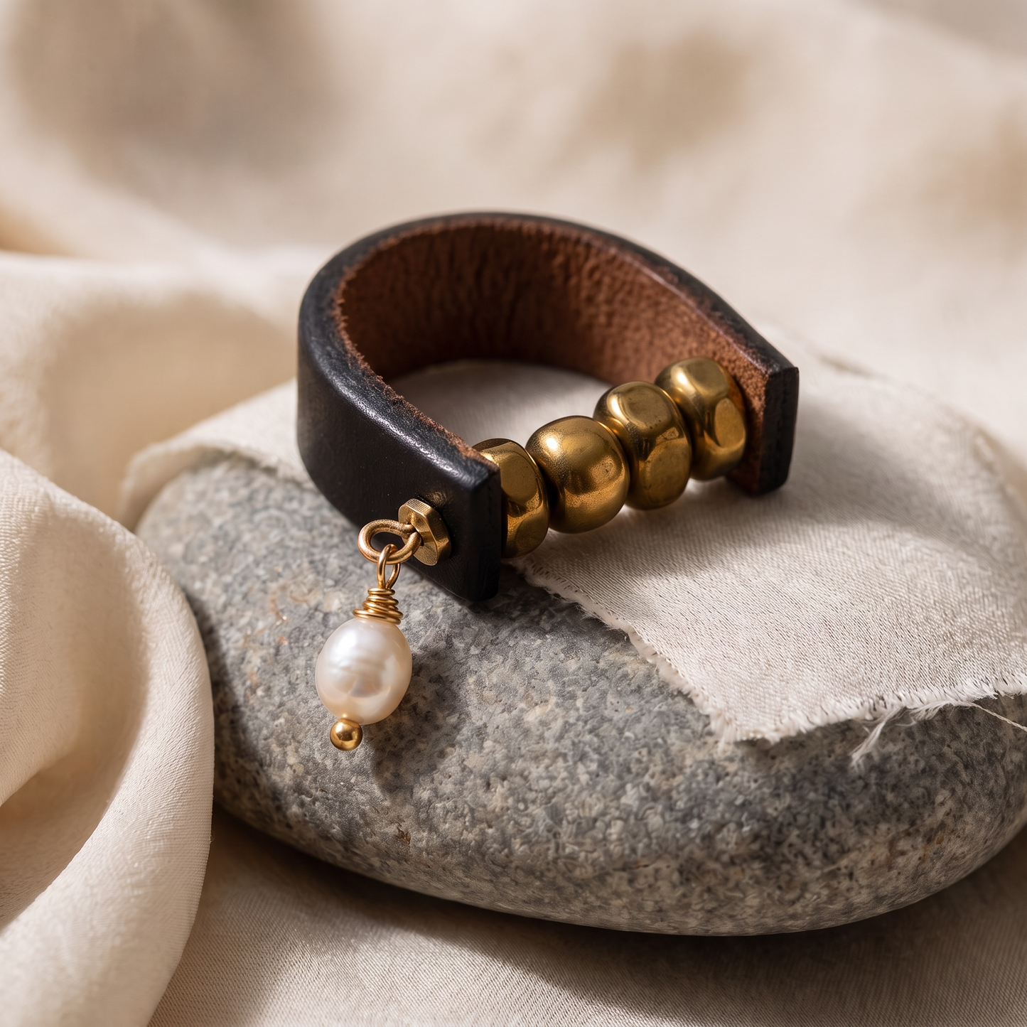 Pearl and Gold Leather Ring
