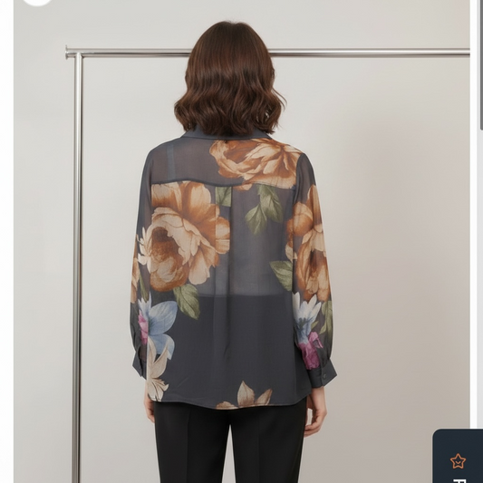 Floral printed blouse with detailed neckline Navy Blue