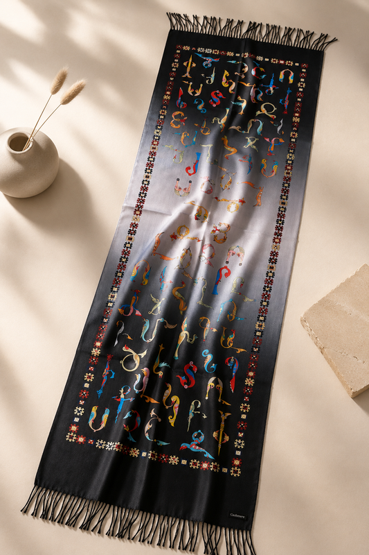 Armenian Alphabet Cashmere Scarf – Black