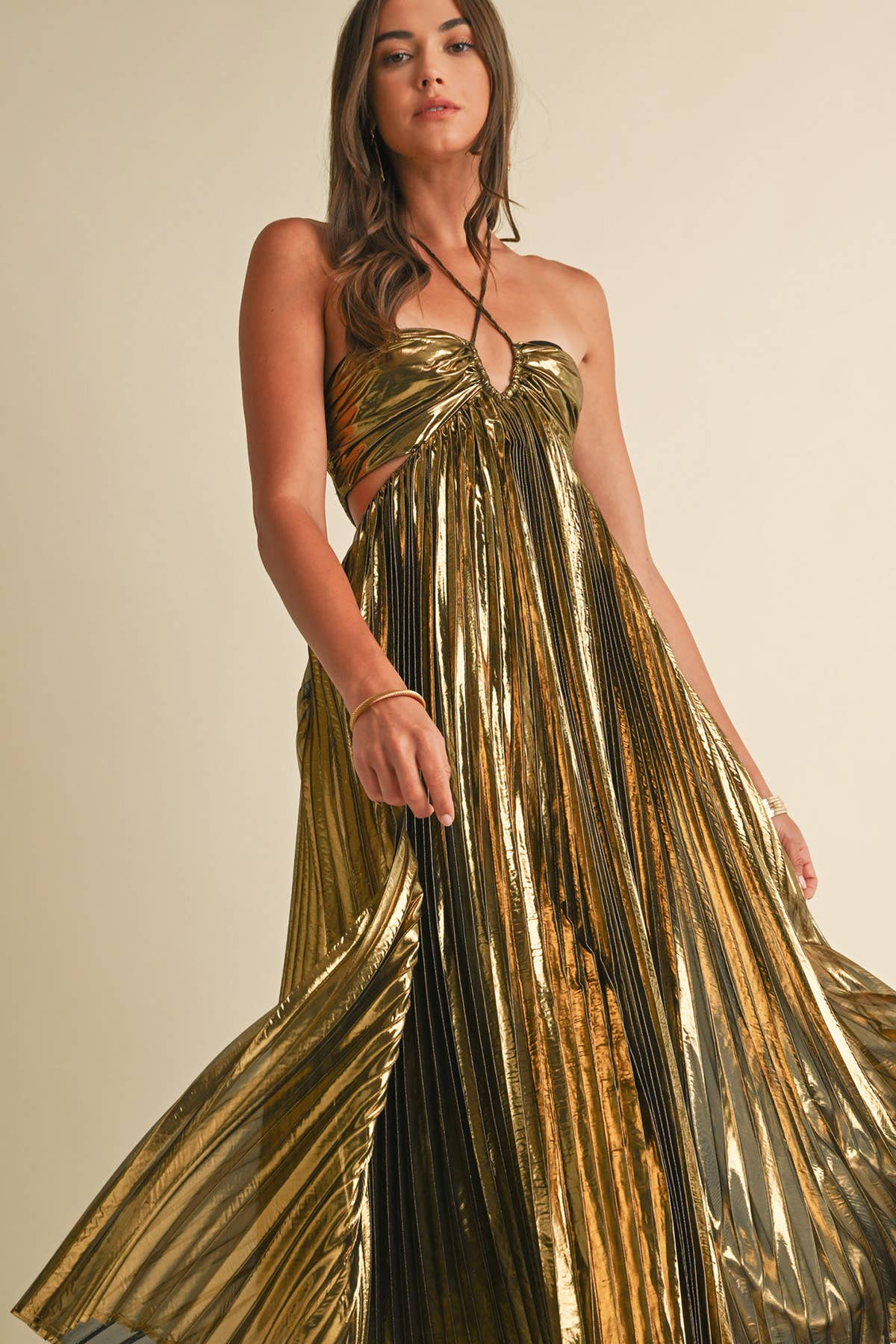 Metallic Pleat Maxi Dress