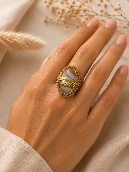 Striped Agate Leaf Statement Ring