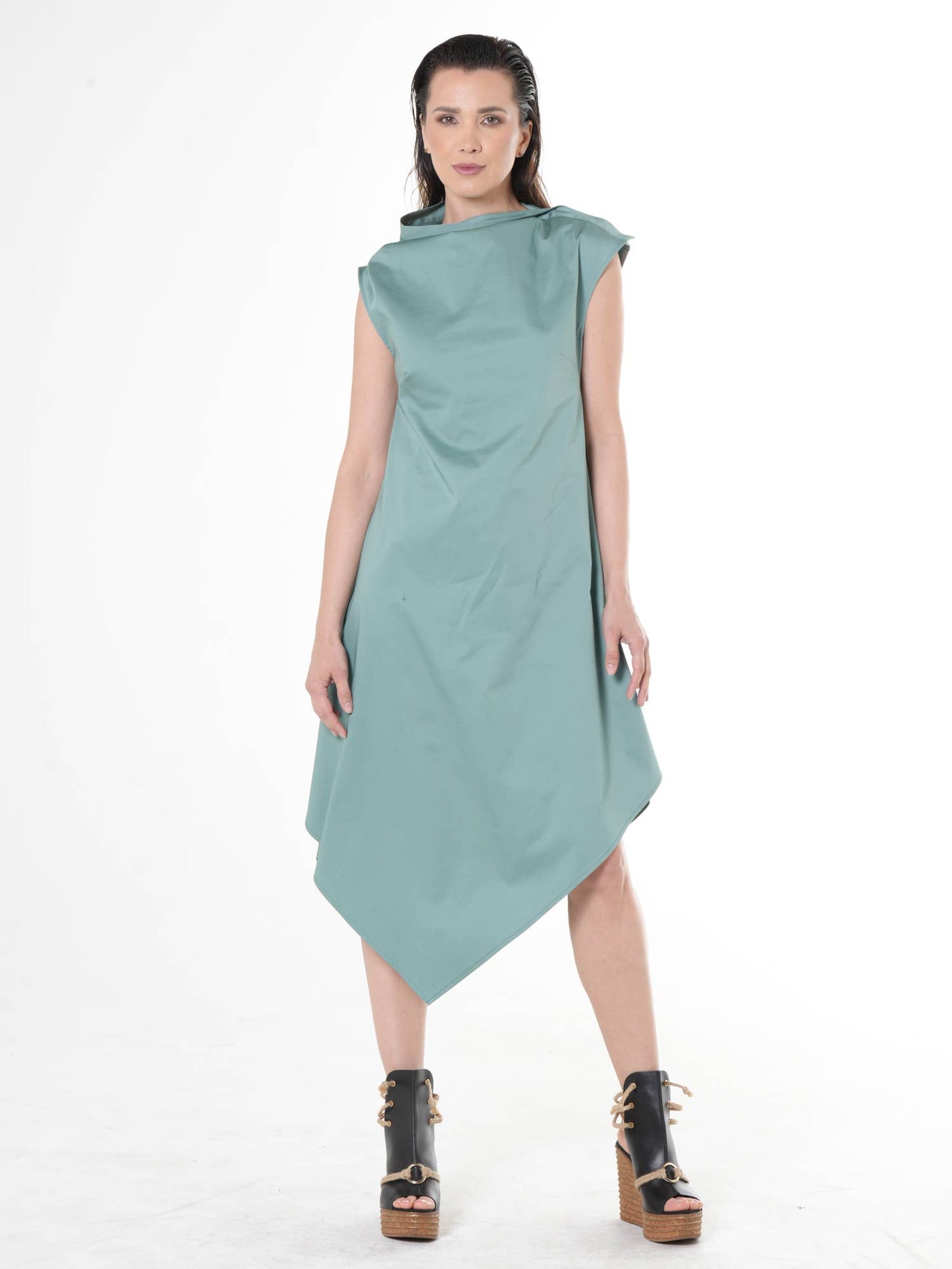 Elegant Satin Cotton Dress In Mint: Black / XL