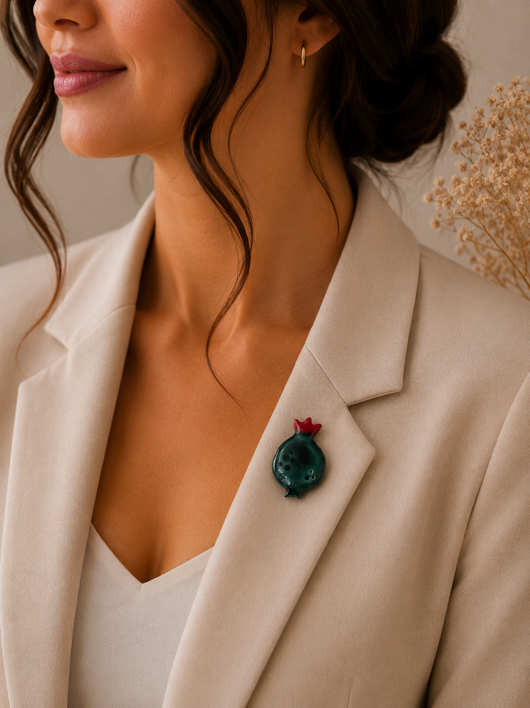 Emerald Pomegranate Ceramic Brooch