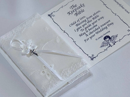 White Eyelet Baby Bible W/ Cross: Silver