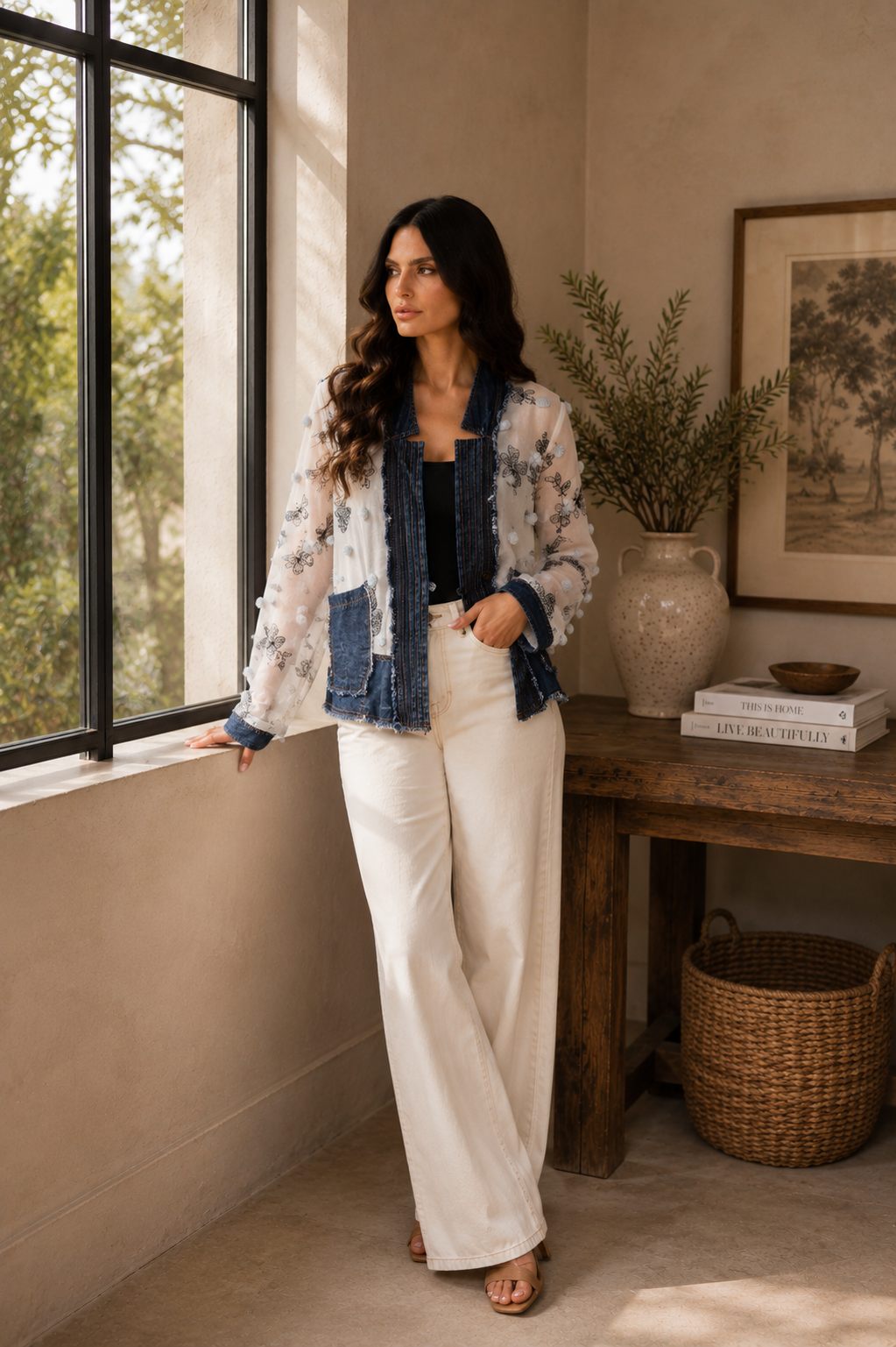 Chiffon Embroidered Jacket with Denim Trim