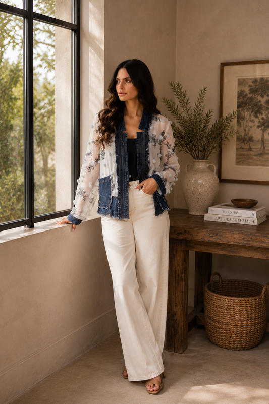 Chiffon Embroidered Jacket with Denim Trim