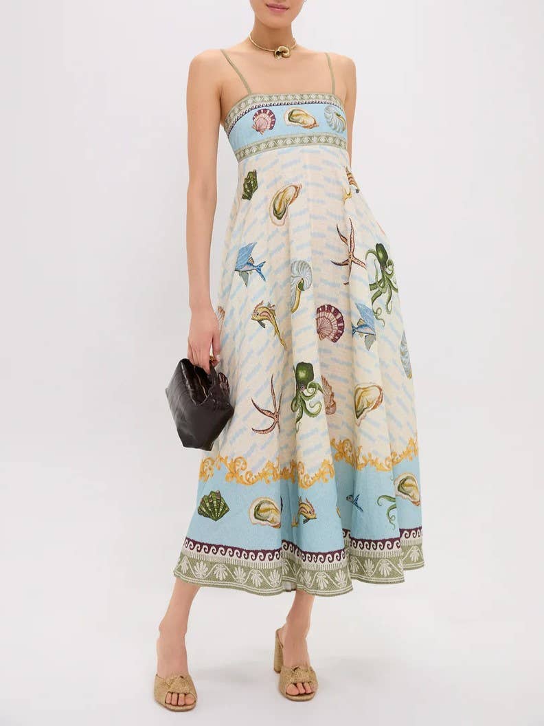 Sciacca Marine life printed Swing Style strappy sundress: DarkBlue