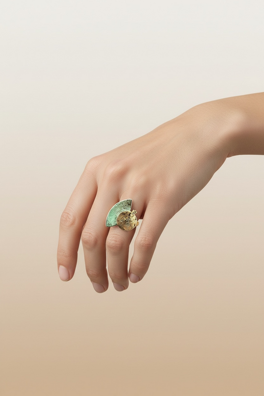 Brass Ring with Turquoise Patina & Pomegranate Etching