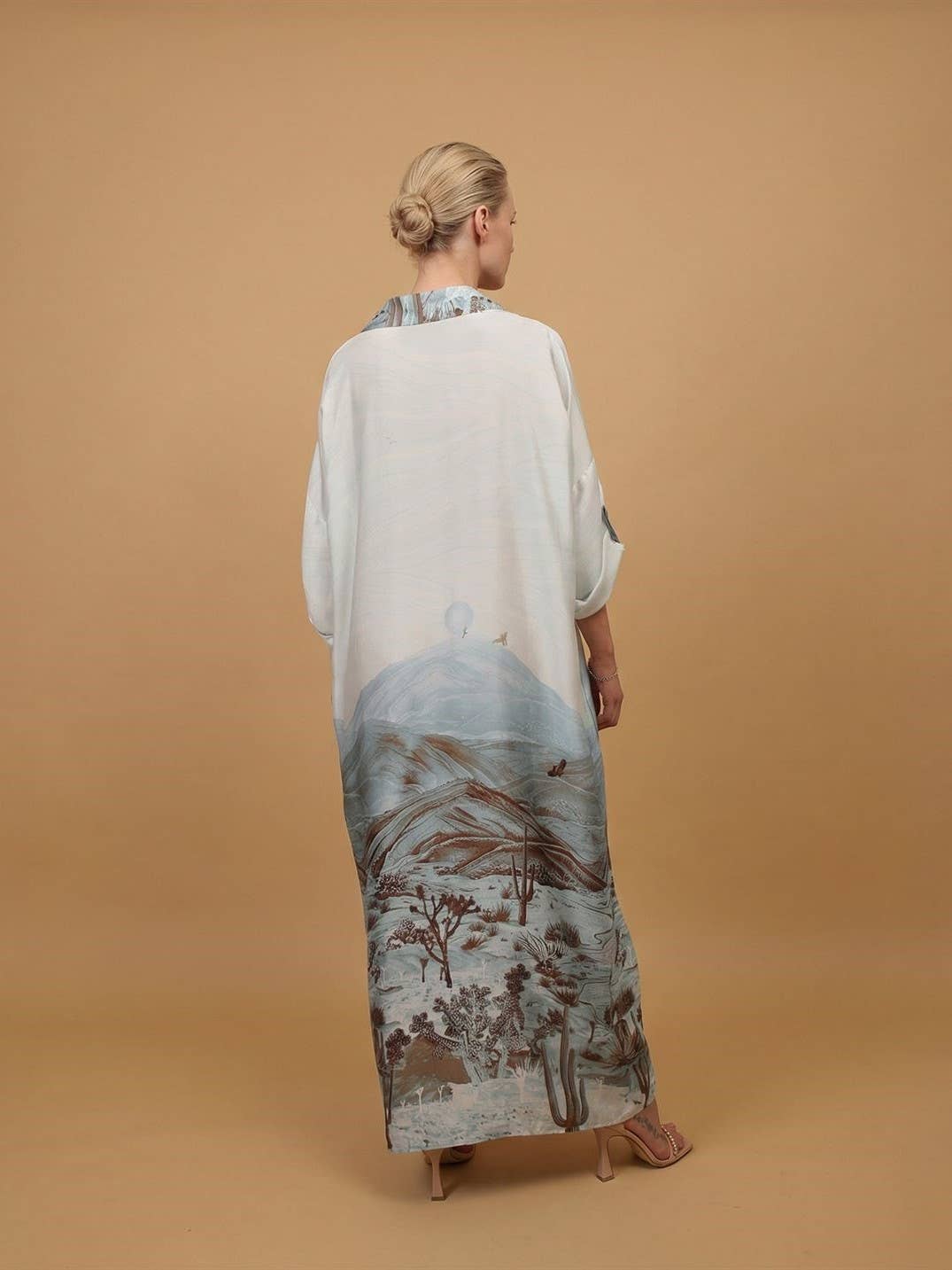 Long satin desert landscape print dress – KD9316VS-34: Khaki