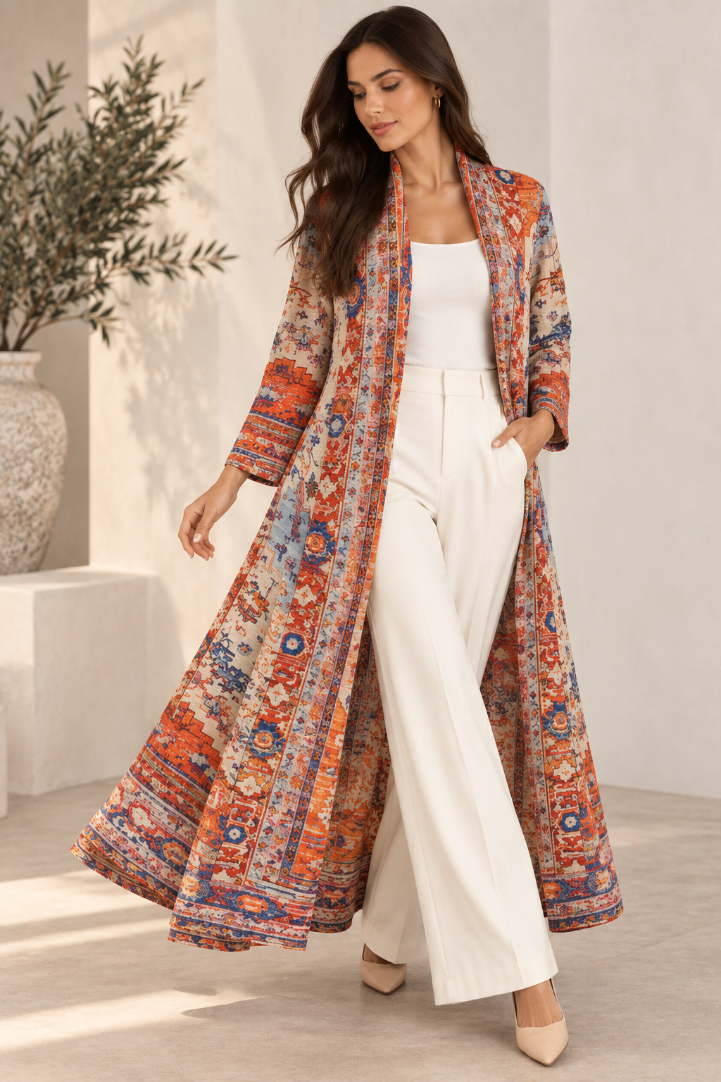 Heritage Antique Rug-Inspired Belted Kaftan Robe — Ivory Spice