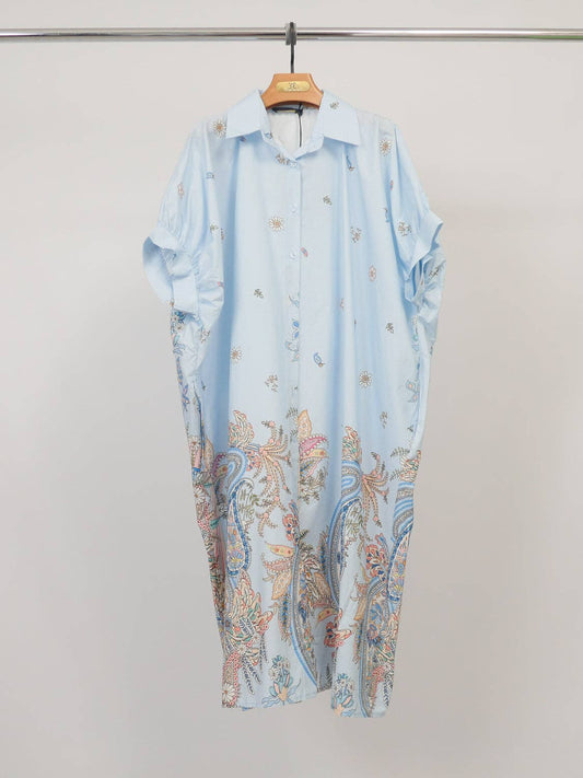 Printed cotton shirt dress, loose fit : Sky Blue