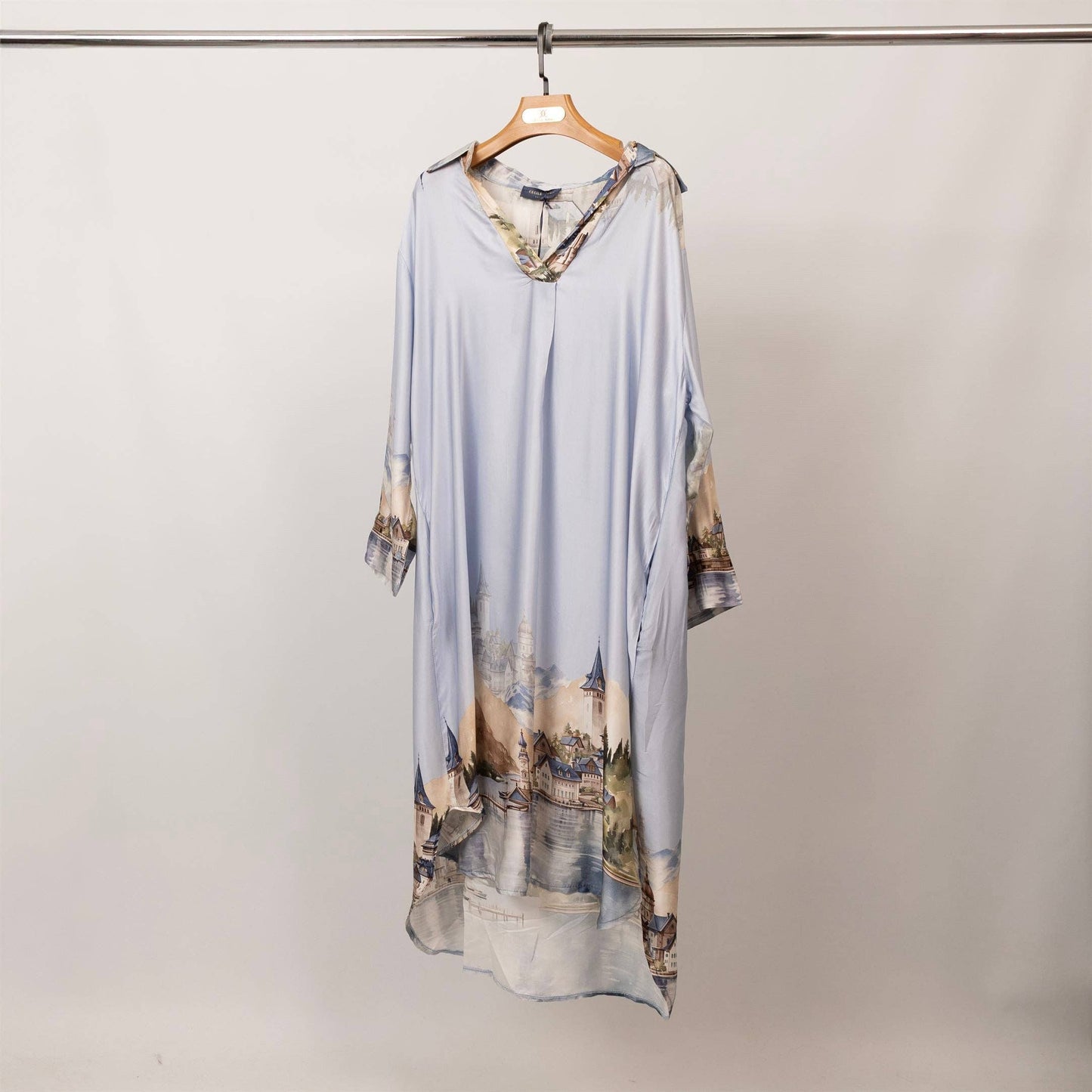 Long satin landscape print dress – KD6120VS-32: Navy Blue