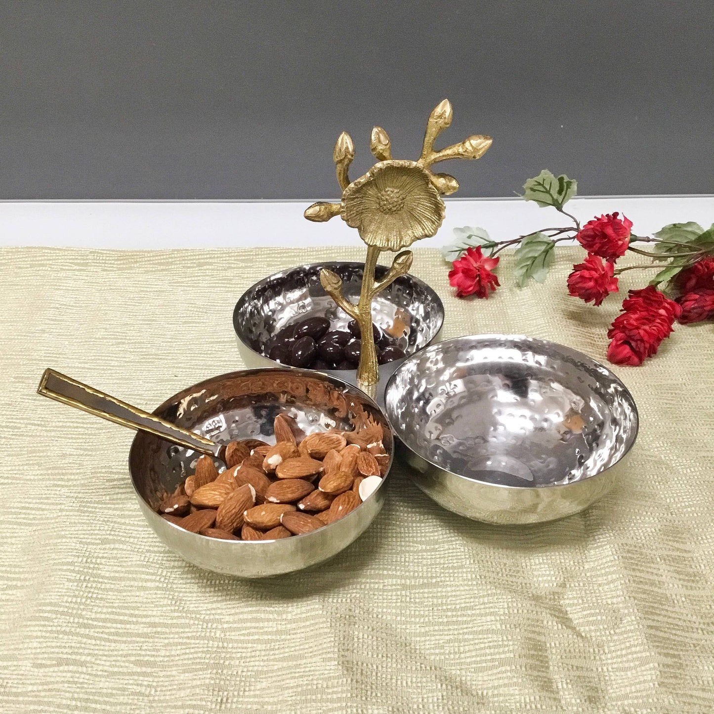 Hammered 3-Section Bowl w/ Gold Floral Handle