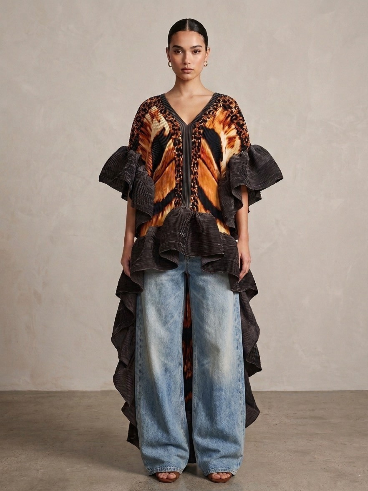 Plissé Ruffle Kimono Top – High Low Statement Tunic Dress: Brown