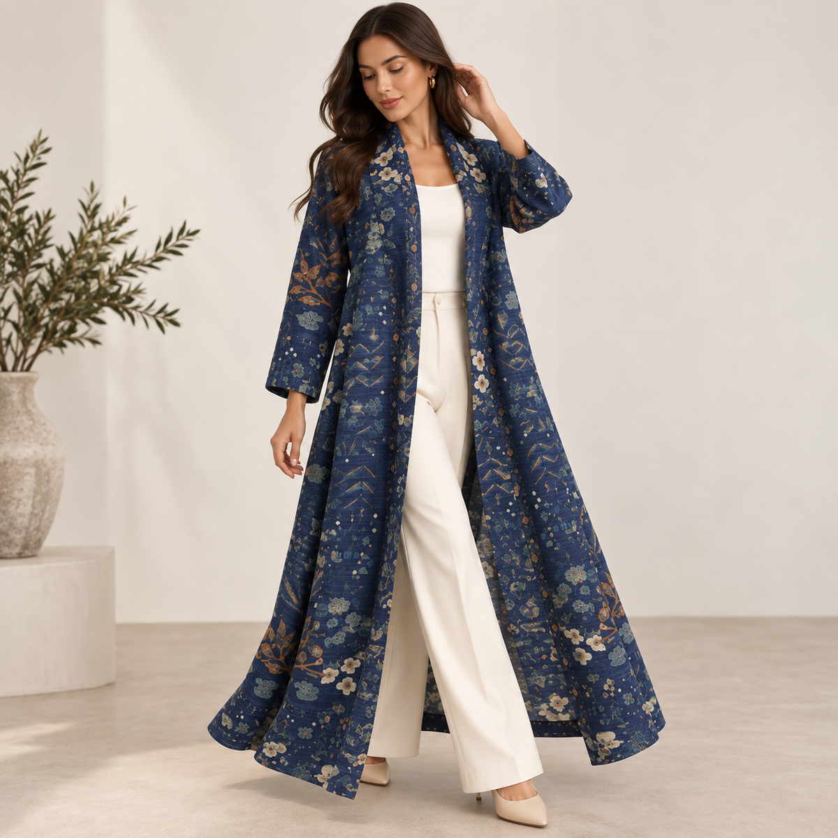 Heritage Antique Rug-Inspired Belted Kaftan Robe — Midnight Blue
