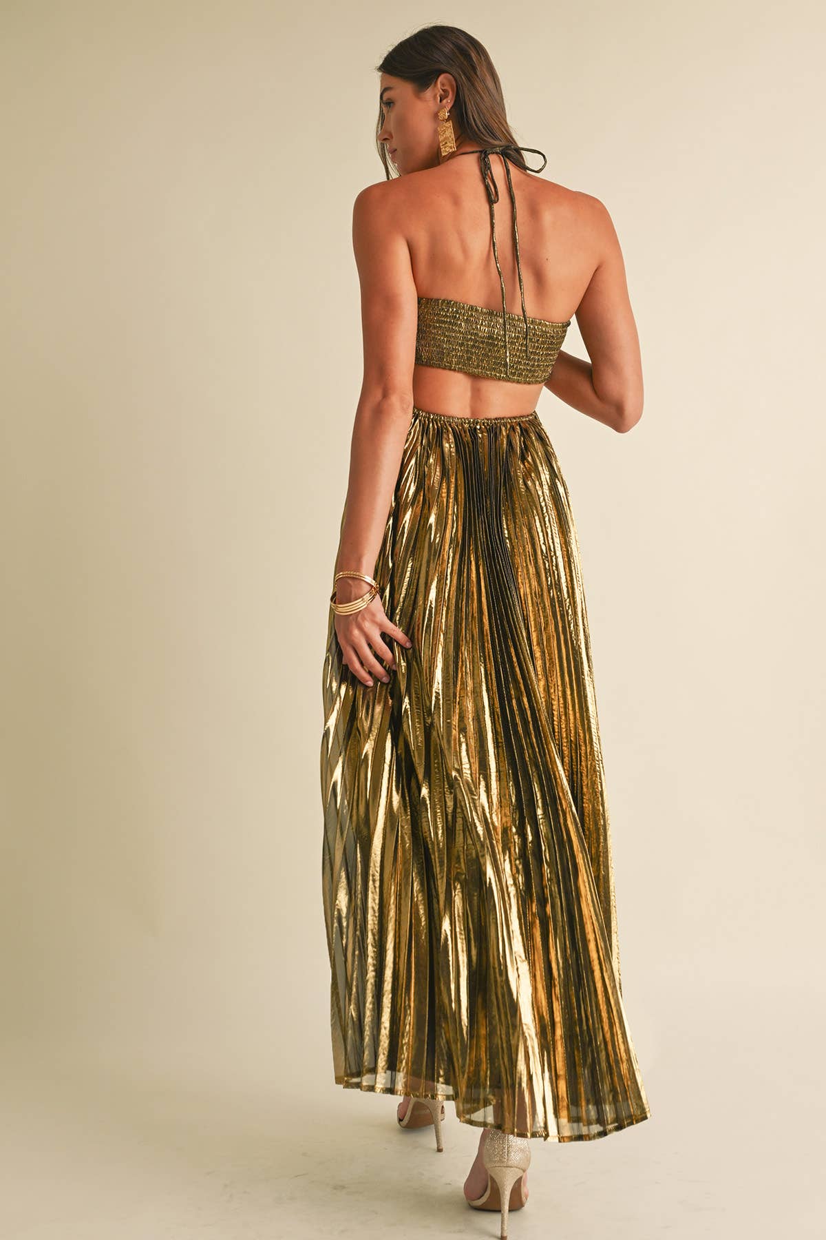 Metallic Pleat Maxi Dress