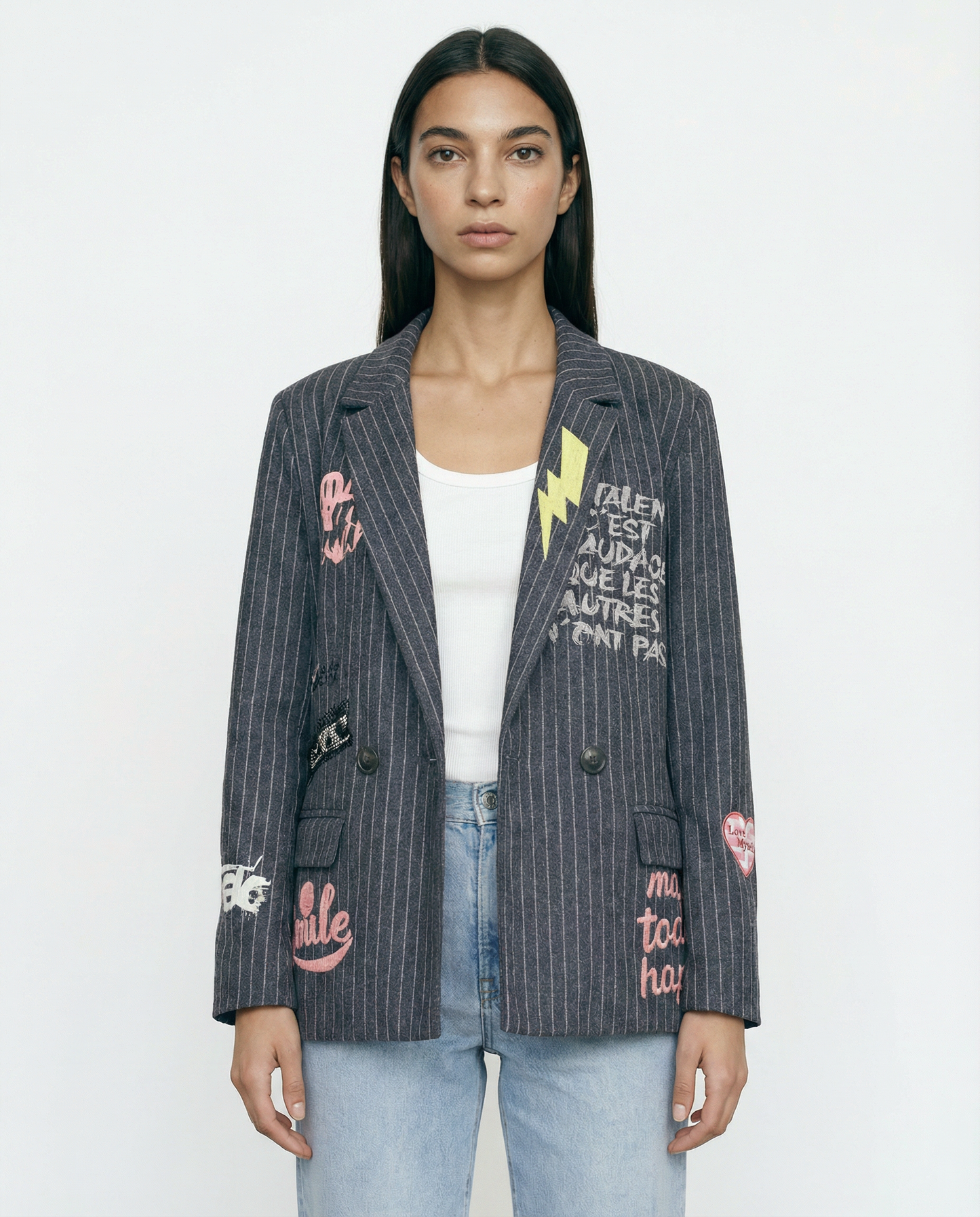 Striped Blazer with Embroidered Inscriptions – MJ84076: Navy Blue / L
