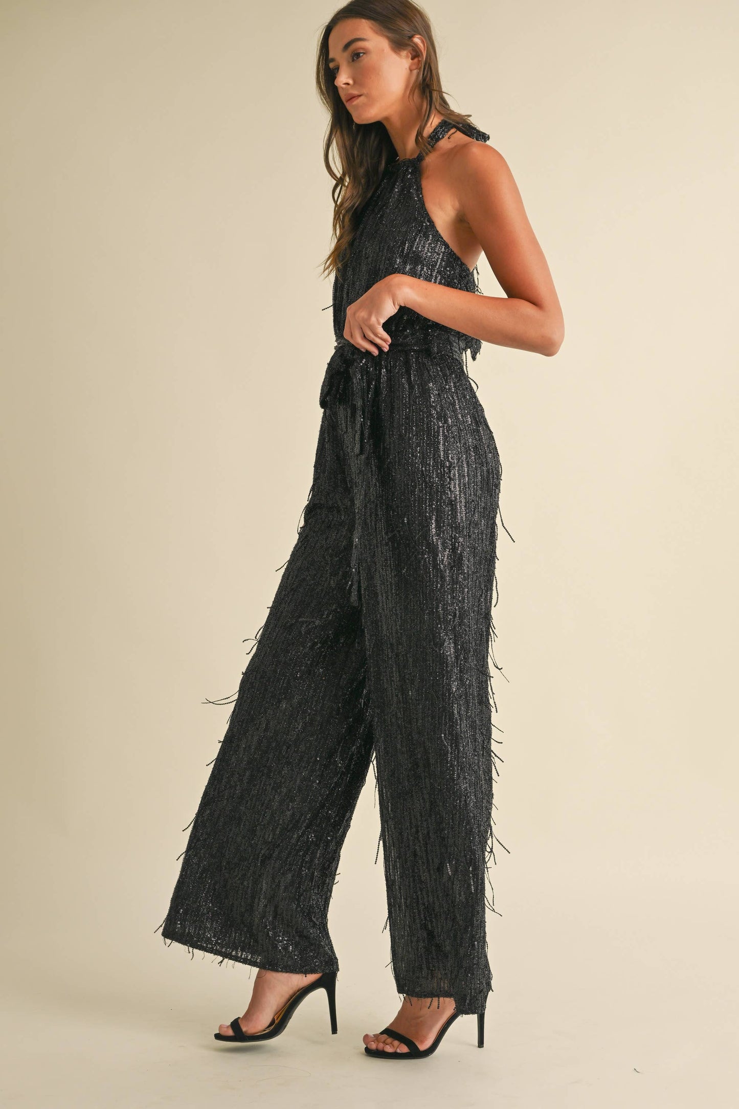 Feather Sequin Jumpsuit: Black