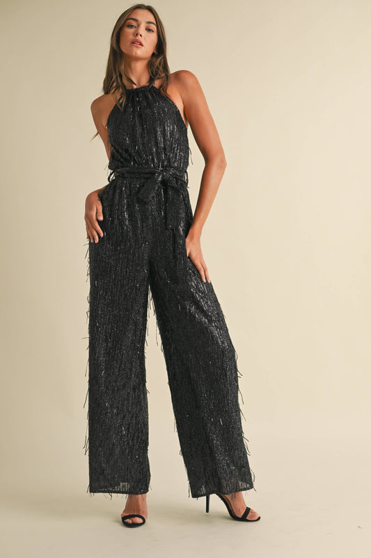 Feather Sequin Jumpsuit: Black