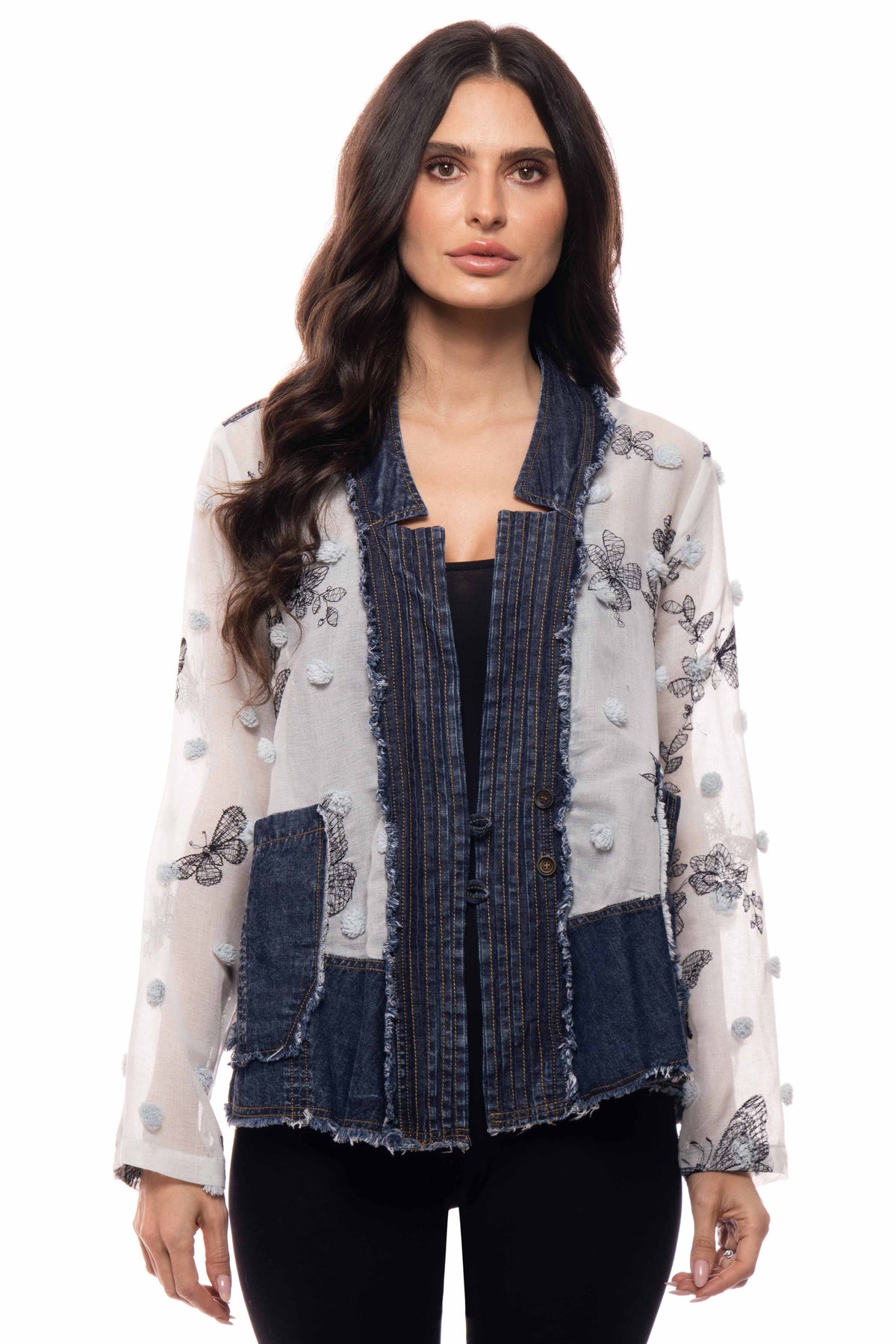Chiffon Embroidered Jacket with Denim Trim