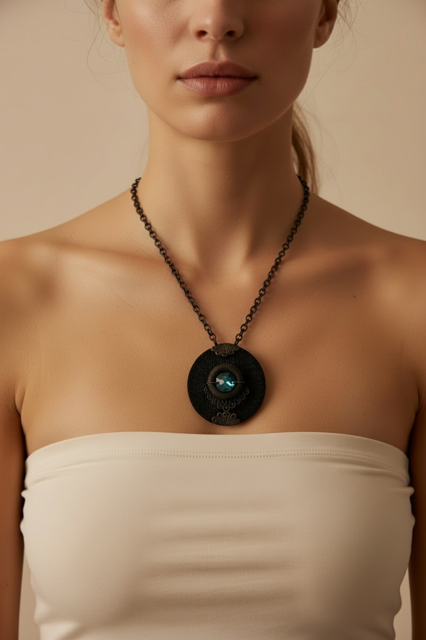 Teal Blue Swarovski & Black Necklace