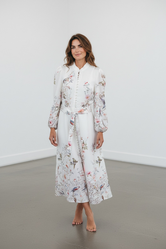 Printed Lantern Sleeve Tie Waist Midi Dress