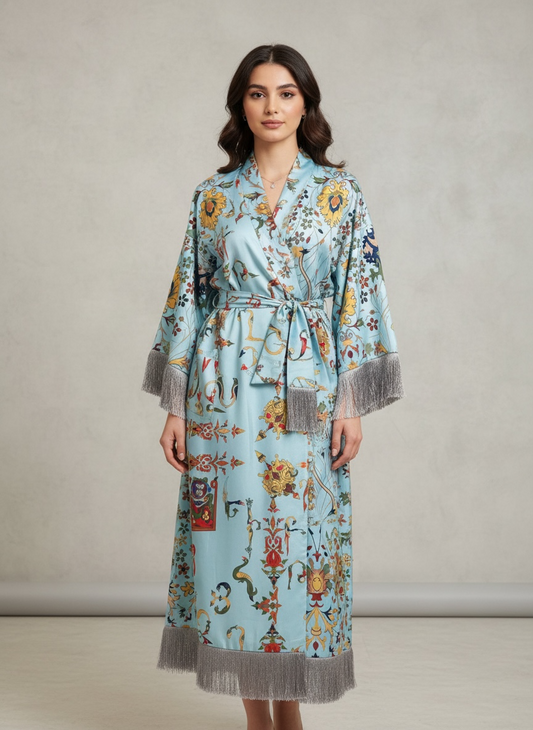 Light Blue with Blue Fringe Armenian Alphabet Silk Robe
