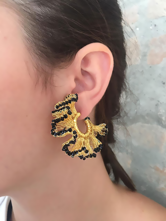 Black & Gold Rio Hoops Handmade Crochet Earrings