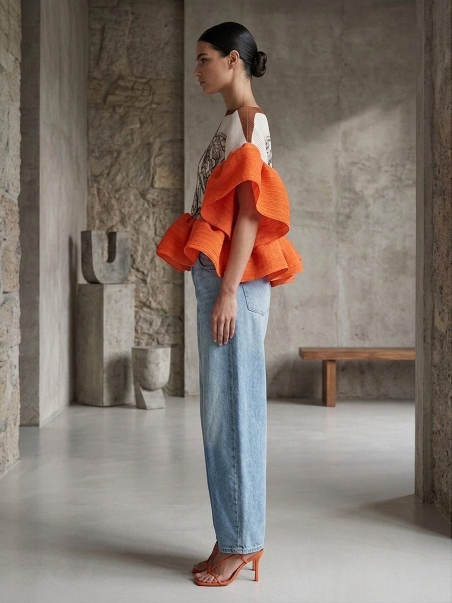 Pleated Ruffle Statement Top – Pleated Stretch Kimono Blouse