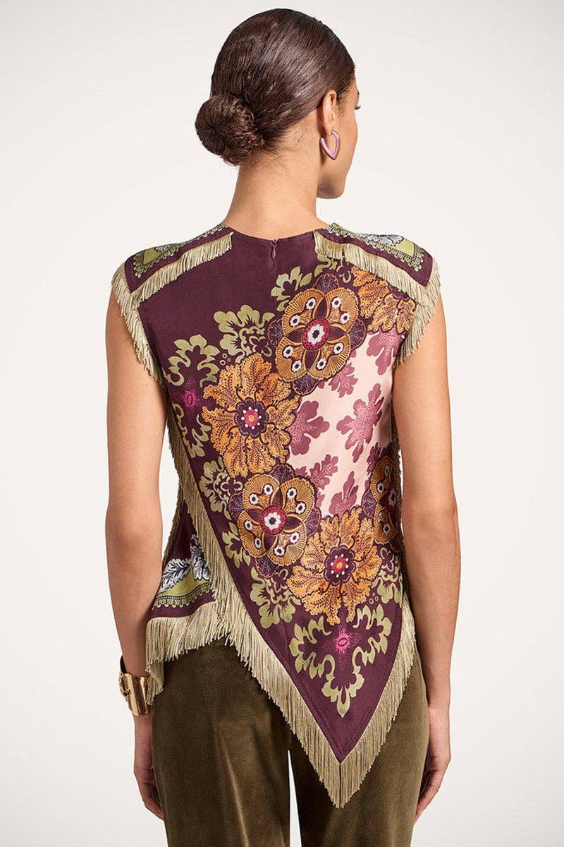Asymmetrical Fringe Cross Top: WINE / S