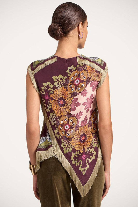 Asymmetrical Fringe Cross Top: WINE / S
