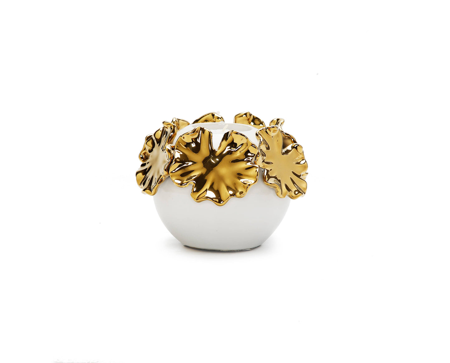 White Ceramic Candle Holder Gold Flower Design: Small