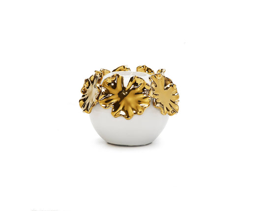 White Ceramic Candle Holder Gold Flower Design: Small