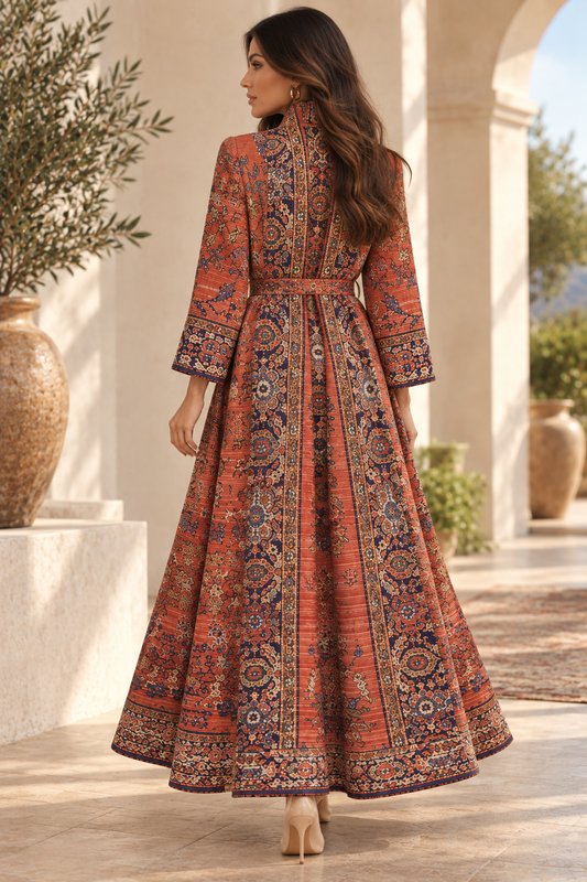 Heritage Antique Rug-Inspired Belted Kaftan Robe — Persian Coral