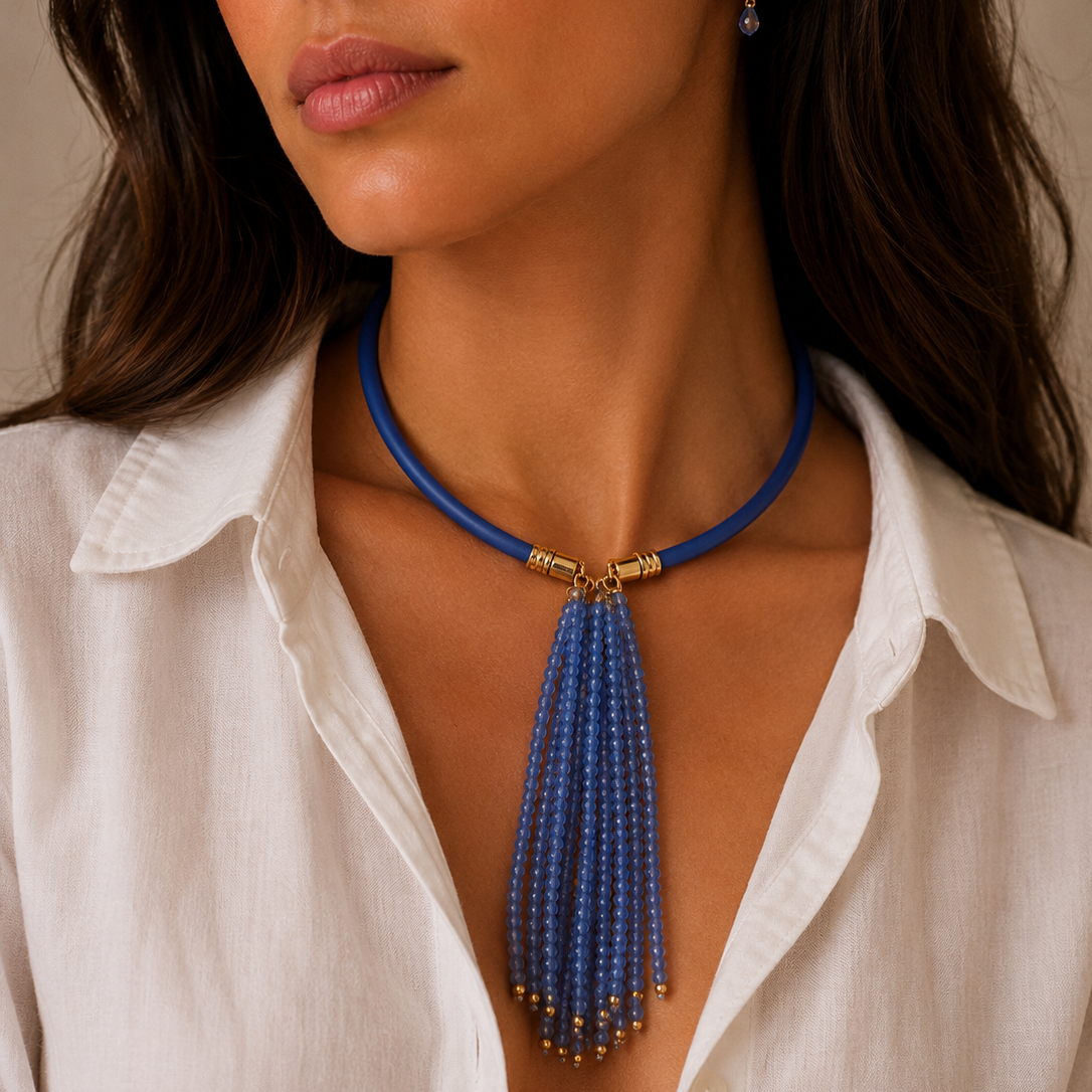 Aegean Blue Tassel Statement Necklace
