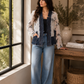 Chiffon Embroidered Jacket with Denim Trim